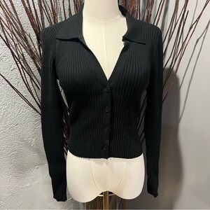 🍒AERIE BLACK RIBBED COLLARED V-NECK CARDIGAN SWEATER SIZE SMALL🌺
